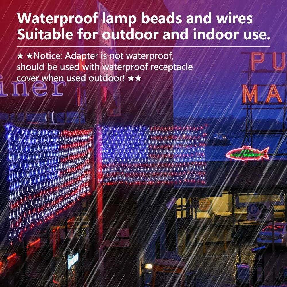 American Flag Light LED Net Light 31V 8 Light Modes With Timing Memory Function  Indoor Outdoor