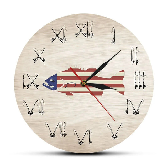 Fishing American Flag Wall Clock With Fishing Pole Roman Numerals