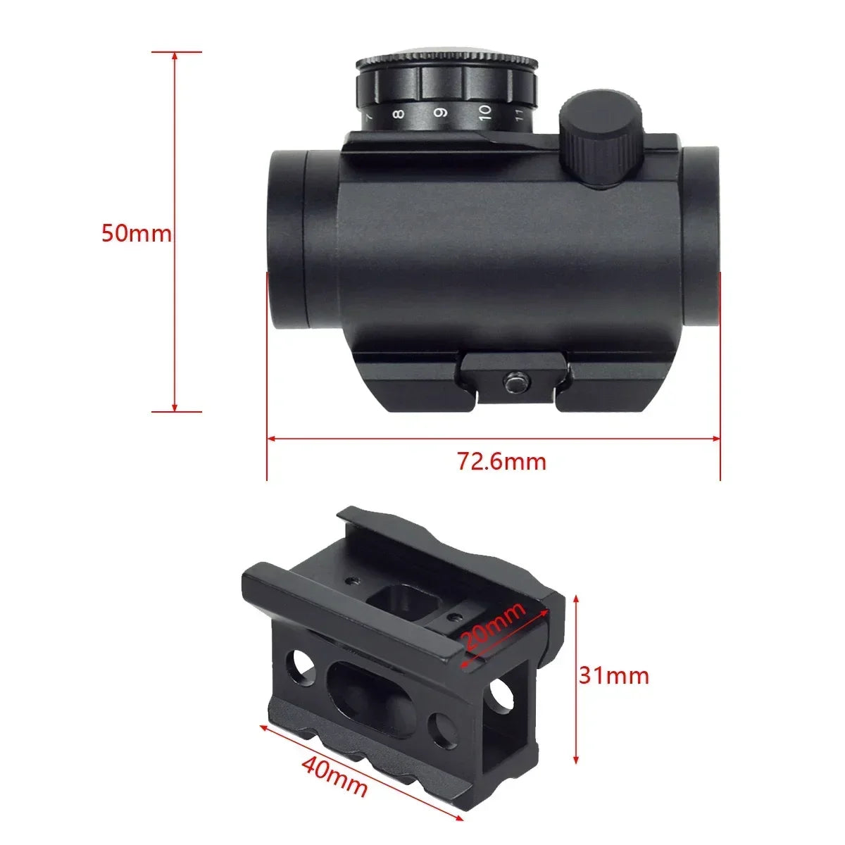 1x20  Red Dot Sight  With 1 inch Riser for a Picatinny rail