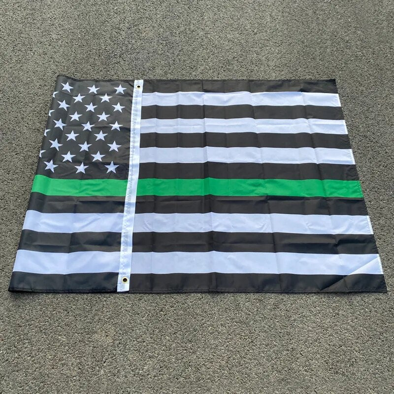 Green Line USA Police Flags,  Thin Blue Line USA Flag Black, With Grommets